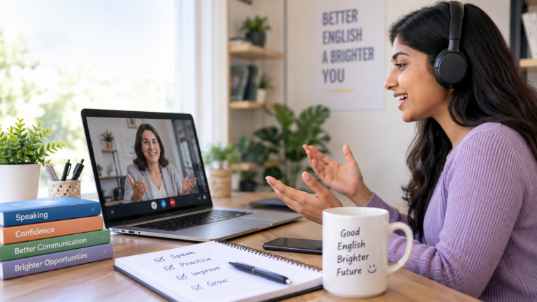 Student attending spoken English classes online with a live English tutor