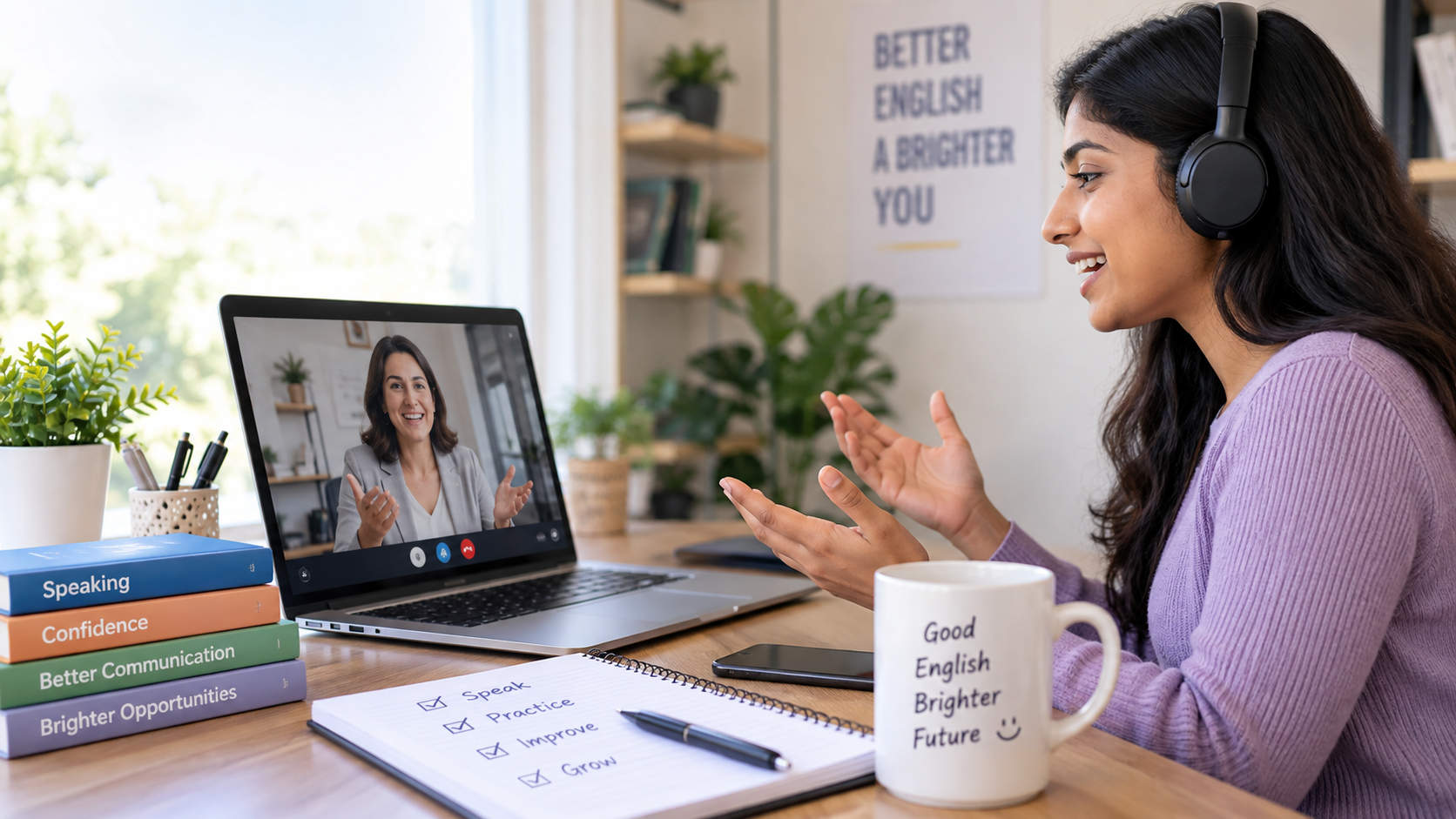 Student attending spoken English classes online with a live English tutor